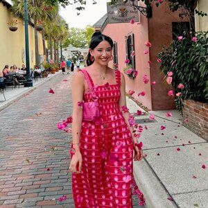 Zara Cotton Printed Midi Dress Smocking Poplin Pink